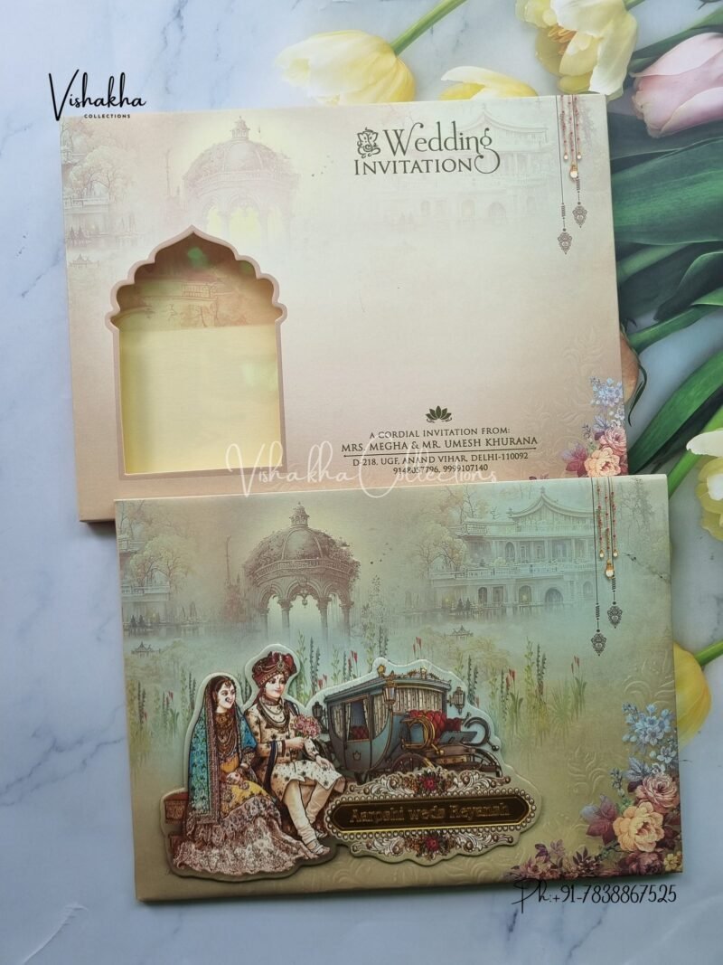 Doli Barat Semi Box Hathi Dulah Dulhan Flower Hindu Padded With Emblem invitation Cards EJ-4037