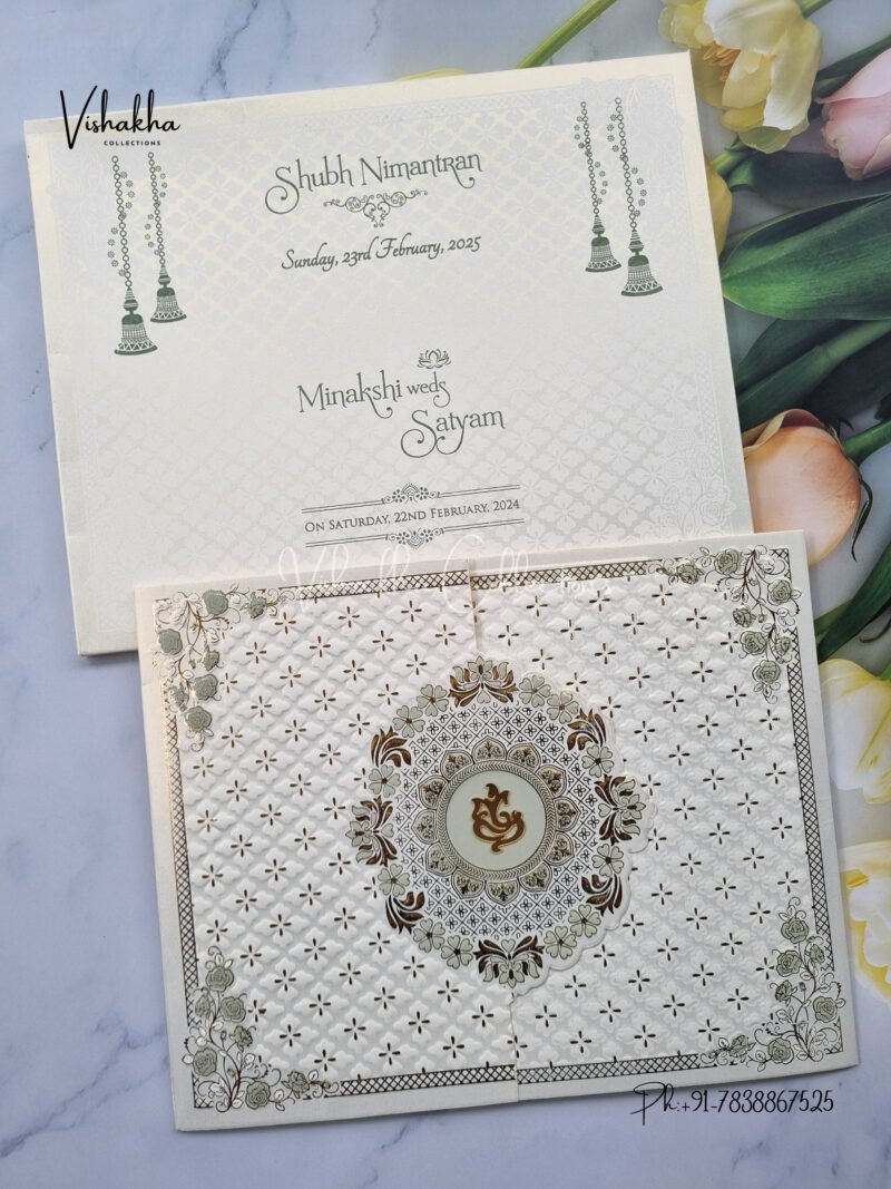 Semi Box Double Door White And golden Color Hindu Wedding invitation Cards - CR-506C