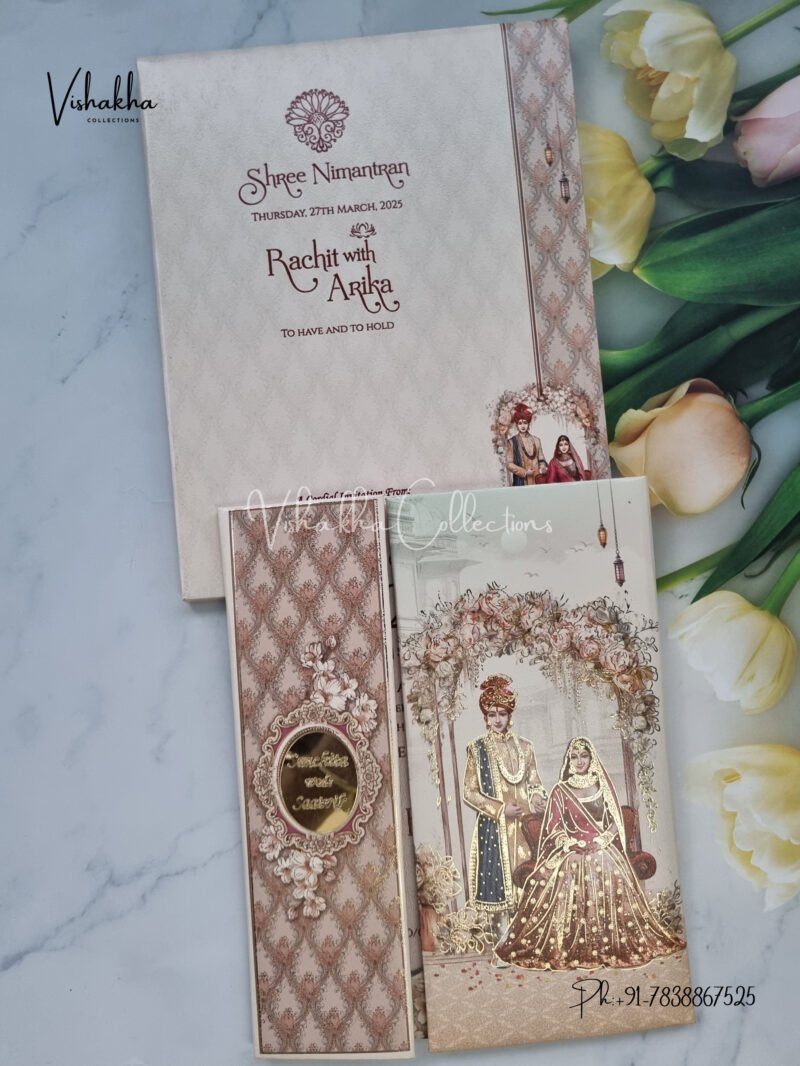 Semi Box Dulah Dulhan Themed Flower Themed Double Door Hindu Wedding Padded Wedding invitation Cards - CR-5078