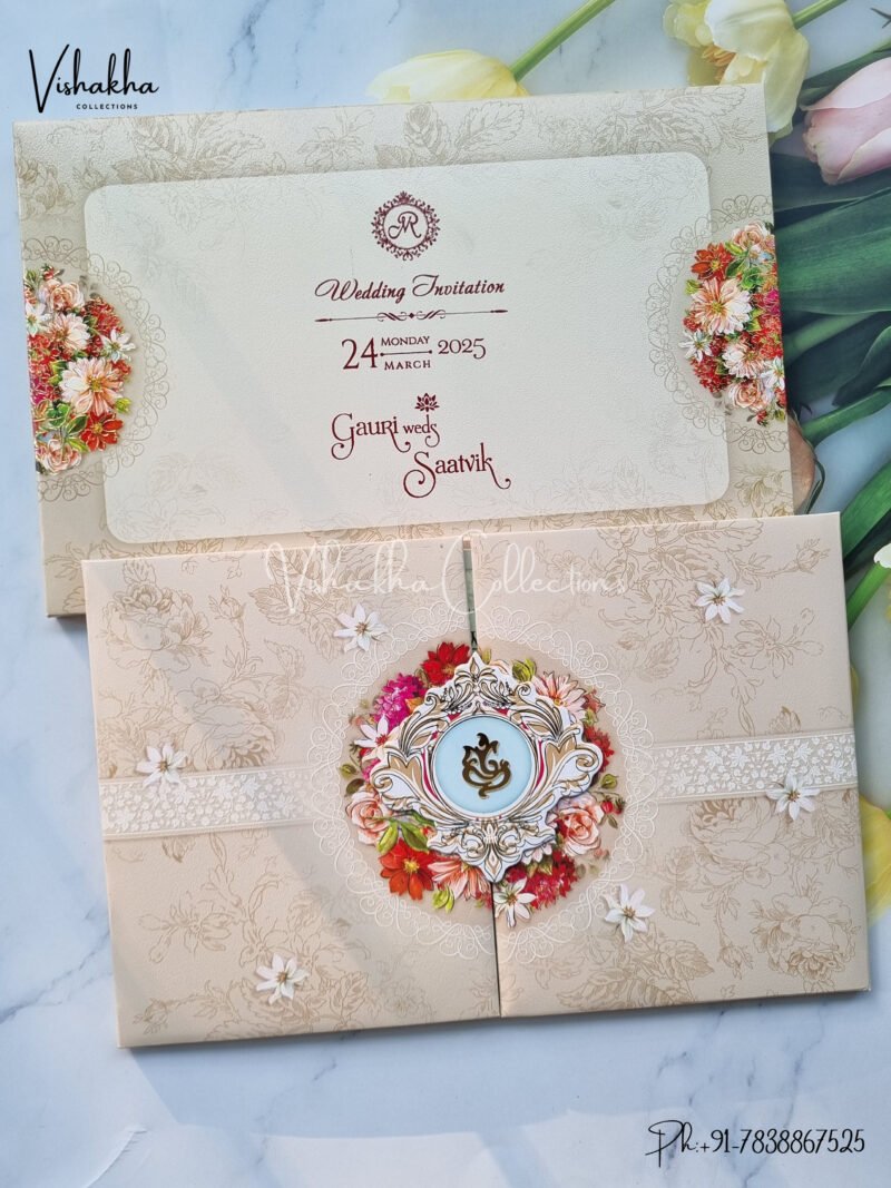 Semi Box Flower Themed Hindu Wedding Padded Wedding invitation Cards - CR-1020