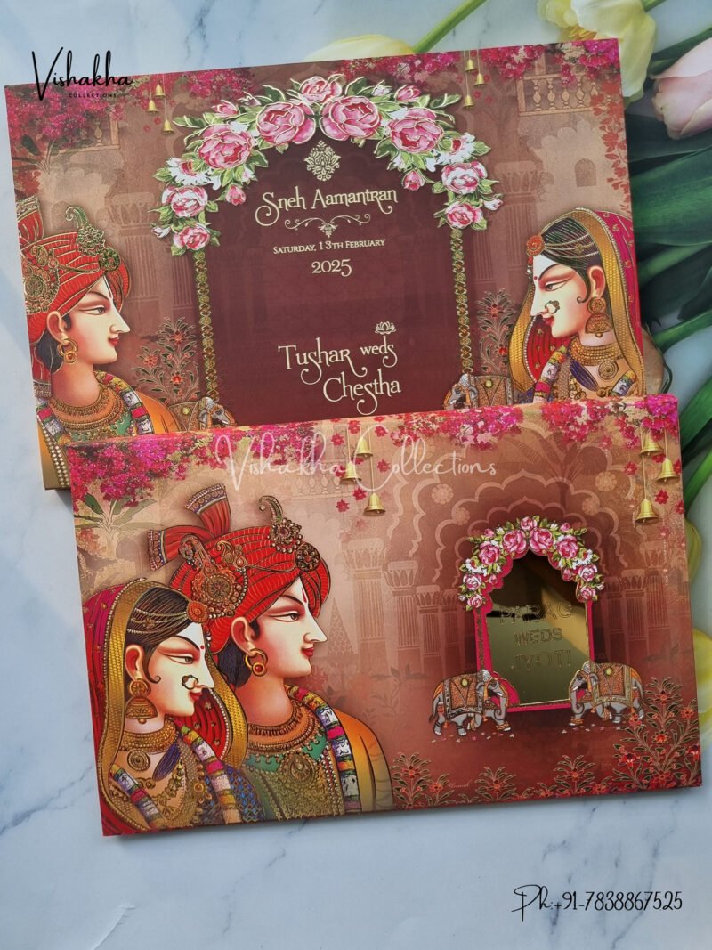 Semi Box Hathi Themed Dulah Dulhan Themed Flower Themed Hindu Wedding Padded Wedding invitation Cards - CR-1018