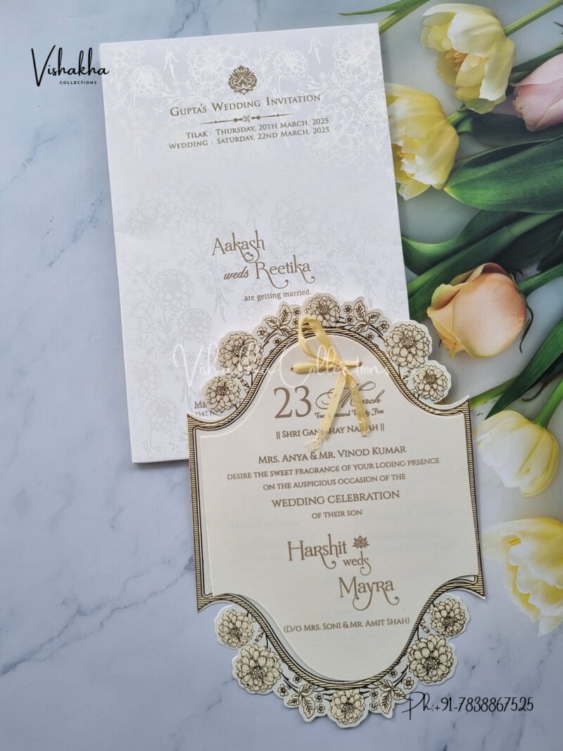 Semi Box White And golden Color Hindu Wedding Muslim Wedding Christian Wedding Sikh Wedding invitation Cards - CR-548