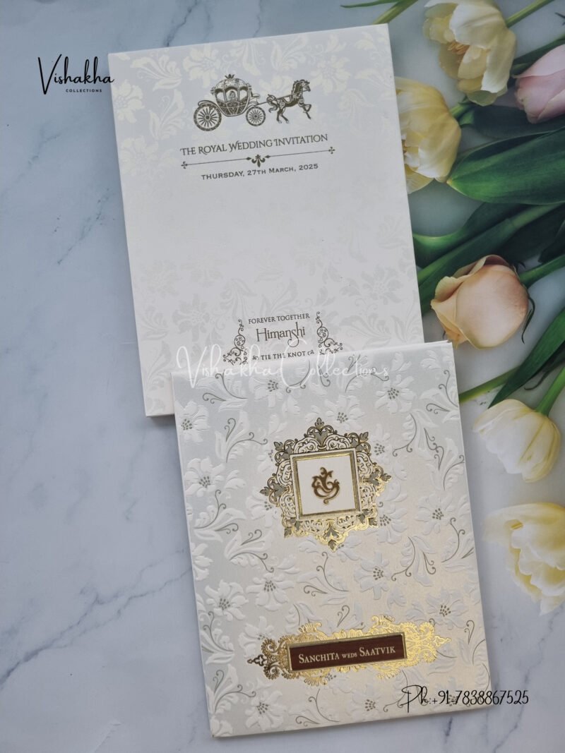 Semi Box White And golden Color Hindu Wedding Padded Wedding invitation Cards - CR-557