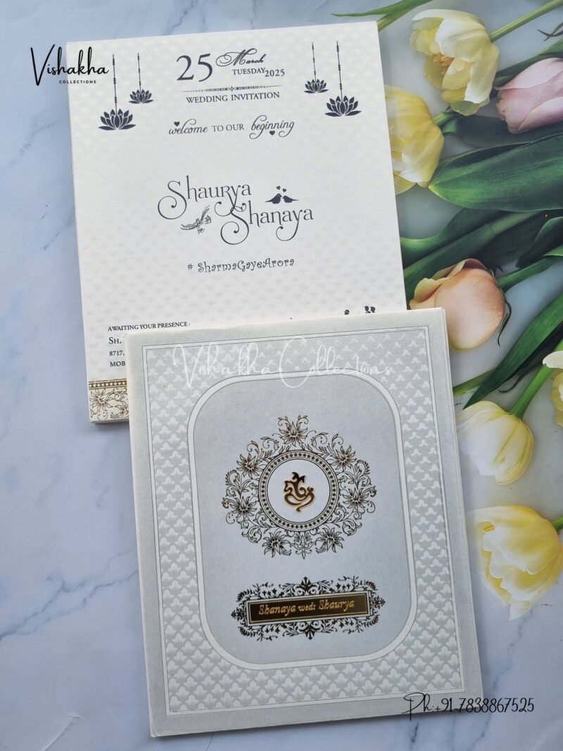 Semi Box White And golden Hindu Padded invitation Cards ATS-1250B
