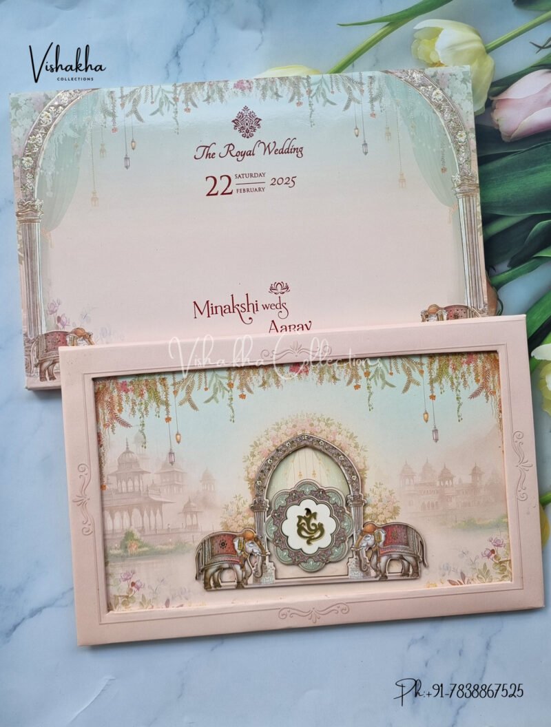Unique Concept Semi Box Hathi Themed Flower Themed Hindu Wedding Padded Wedding MDF Board Laser Cut Exclusive Wedding Boxes invitation Cards - CR-6010