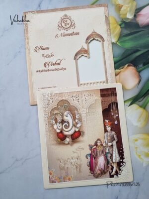 Barat Ganesh Ji Dulah Dulhan Hindu Light Brown Colored wedding invitation Cards NA-1125-23