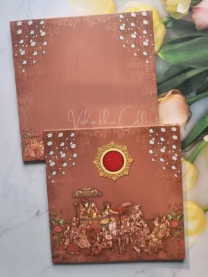 Barat Semi Box Flower Hindu Dark Brown Colored wedding invitation Cards GS-1094