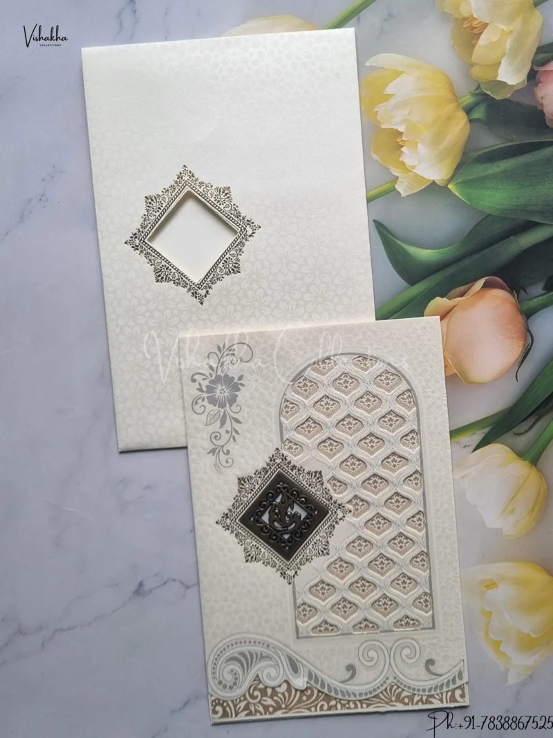 Flower Hindu Muslim Christian Jain Sikh Cream And Gold Colored wedding invitation Cards GS-126