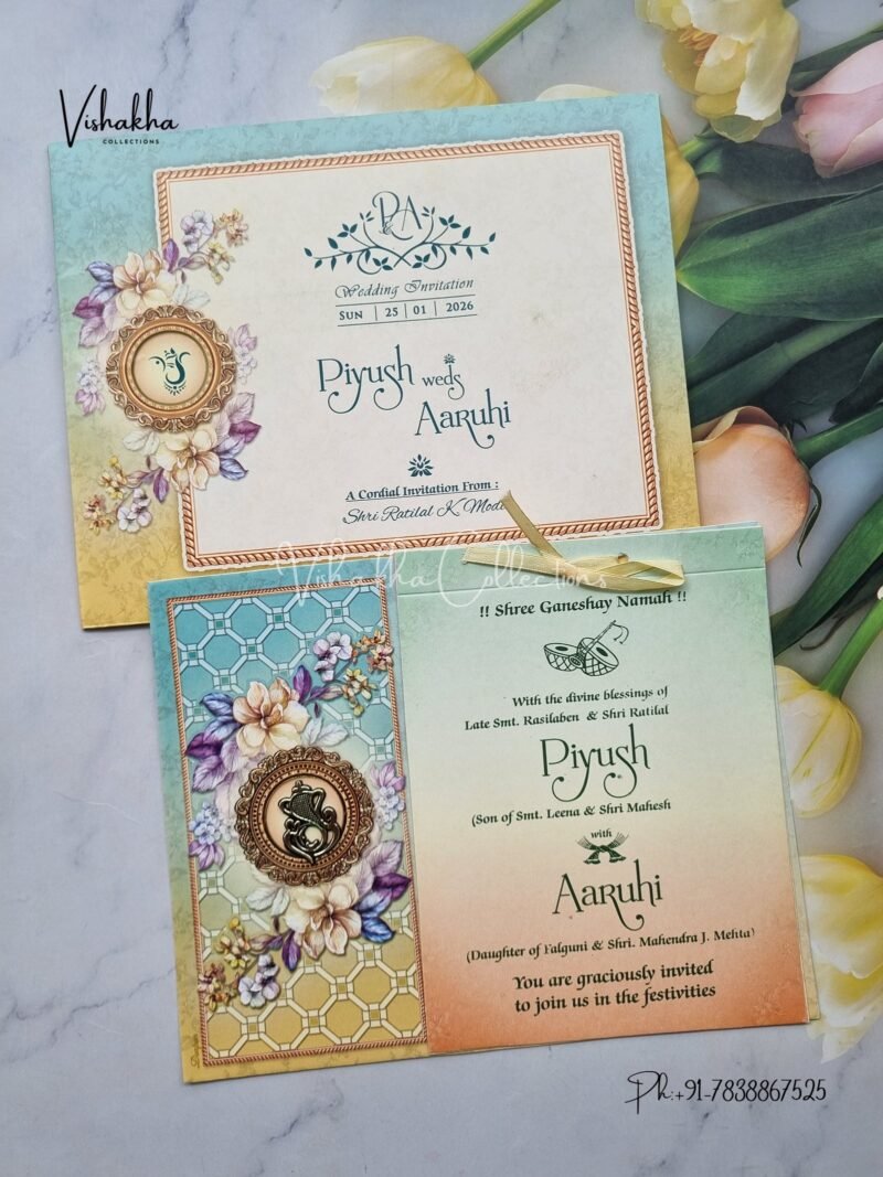 Flower Hindu Muslim Christian Jain Sikh Light Blue And Yellow Colored wedding invitation Cards NA-1125-137