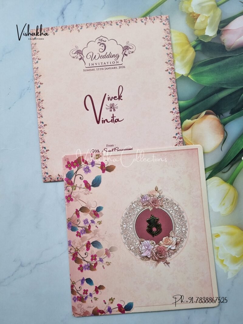 Flower Hindu Muslim Christian Jain Sikh Peach Pink Colored wedding invitation Cards NA-1125-20
