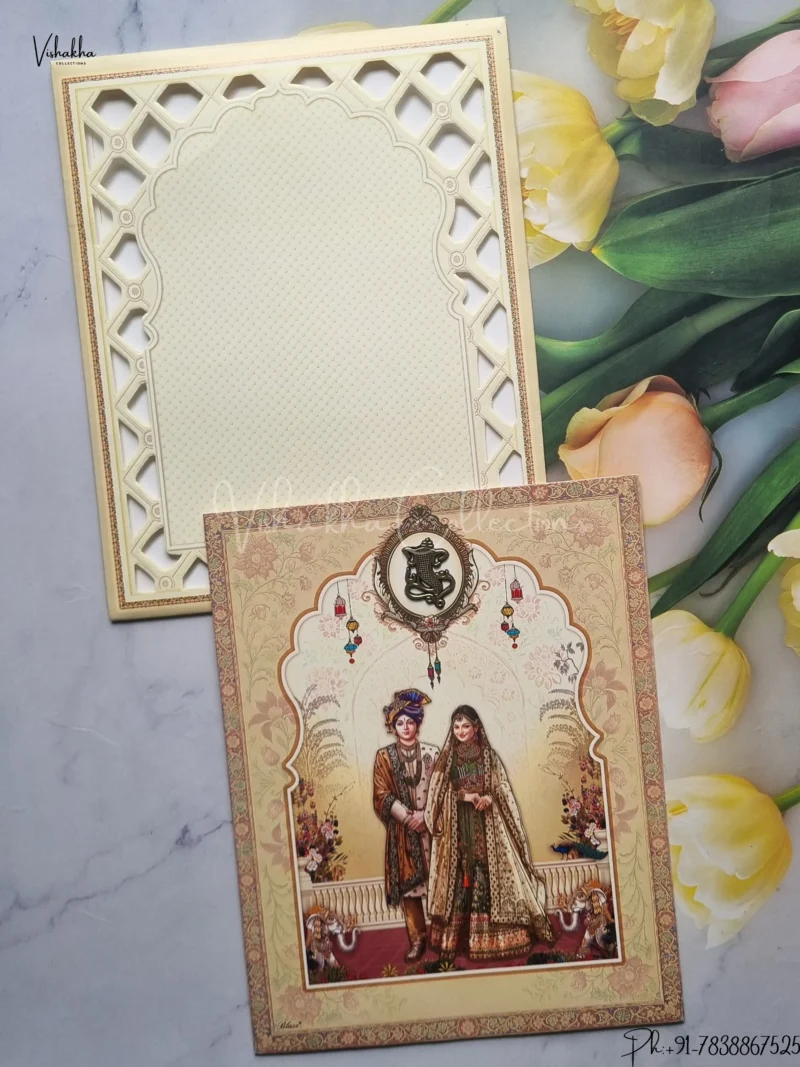 Ganesh Ji Dulah Dulhan Hindu Light Brown Colored wedding invitation Cards GS-5029