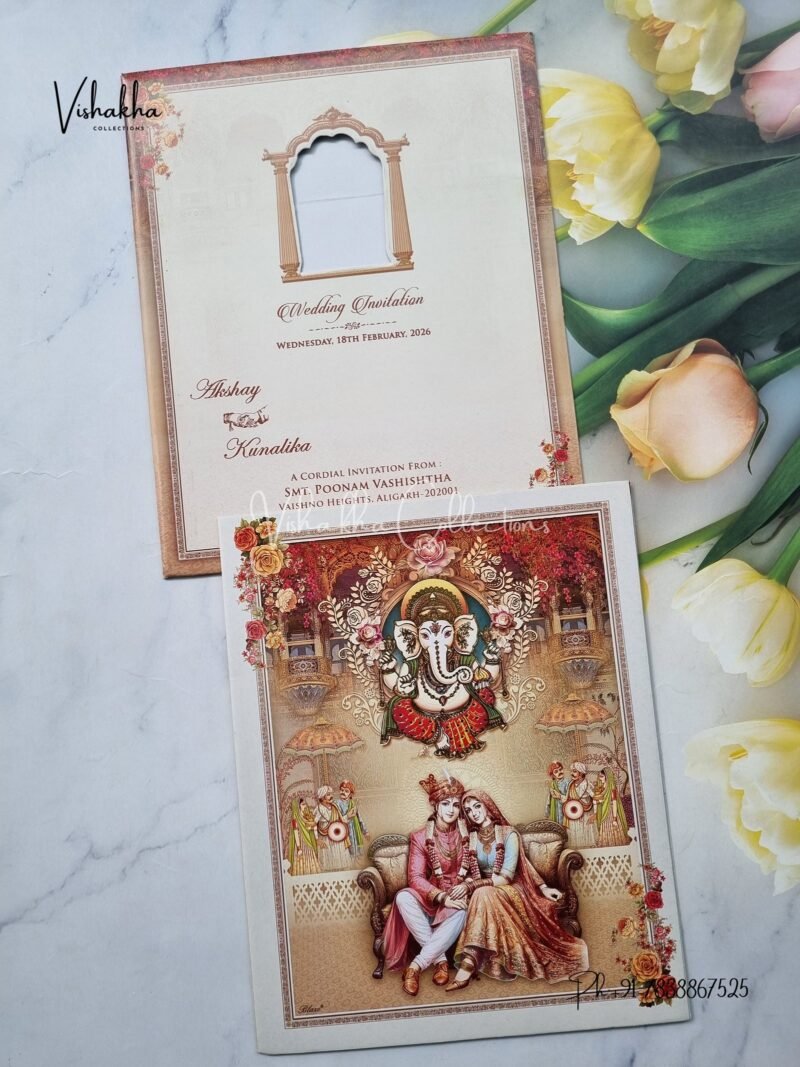 Ganesh Ji Dulah Dulhan Hindu Multicolor Colored wedding invitation Cards NA-1125-186