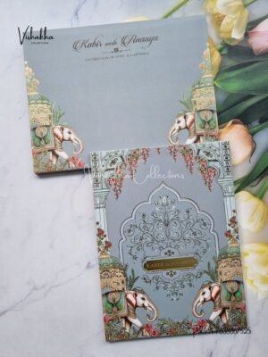 Hathi Hindu Muslim Christian Sikh Padded greyish blue Colored invitation Cards SK-3488