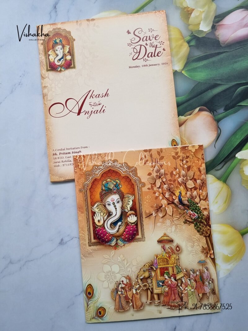 Peacock Barat Semi Box Ganesh Ji Hindu Yellow Brown Colored wedding invitation Cards NA-1125-29