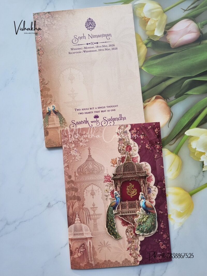 Peacock Semi Box Flower Hindu Sikh invitation Cards CR-7050