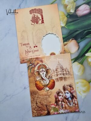 Sita Ram Radha Krishna Ganesh Ji Hindu Orange Colored wedding invitation Cards NA-1125-4