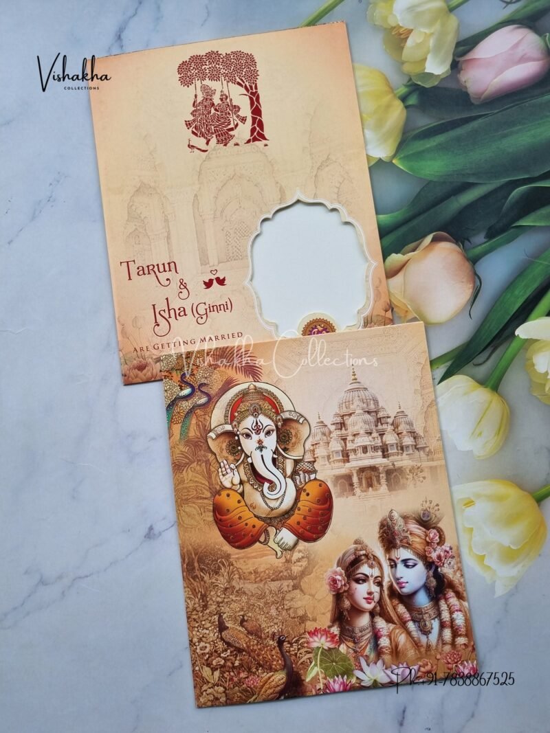 Sita Ram Radha Krishna Ganesh Ji Hindu Orange Colored wedding invitation Cards NA-1125-4
