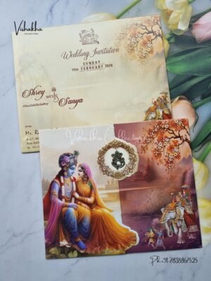 Radha Krishna Hathi Double Door Hindu Yellow And Purple Colored wedding invitation Cards NA-1125-164