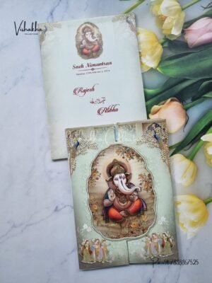 Radha Krishna Peacock Semi Box Ganesh Ji Double Door Hindu Pastel Green Colored wedding invitation Cards NA-1125-63