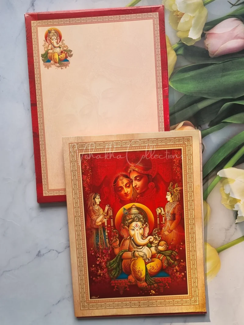 Radha Krishna Semi Box Ganesh Ji Dulah Dulhan Hindu Red Colored wedding invitation Cards GS-4825