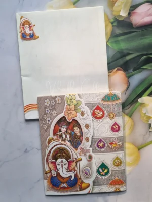 Radha Krishna Semi Box Ganesh Ji Hindu Cream Multicolor Colored wedding invitation Cards GS-5037