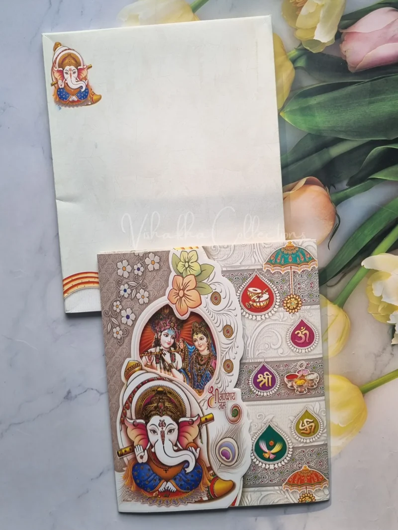 Radha Krishna Semi Box Ganesh Ji Hindu Cream Multicolor Colored wedding invitation Cards GS-5037