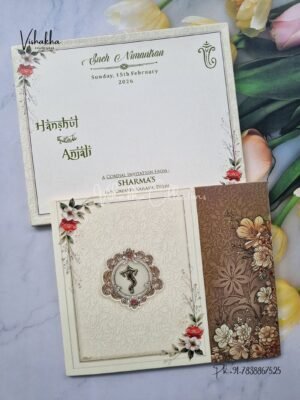 Semi Box Flower Double Door Hindu Muslim Christian Jain Sikh Light Yellow Colored wedding invitation Cards NA-1125-122