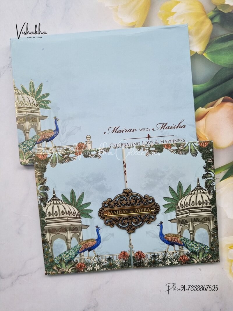 Semi Box Flower Double Door Hindu Muslim Christian Sikh blue Colored invitation Cards SK-3512