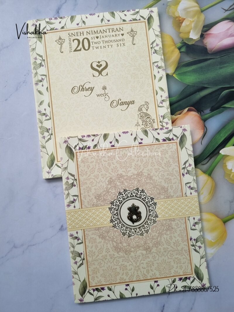 Semi Box Flower Hindu Muslim Christian Jain Sikh Cream Colored wedding invitation Cards NA-1125-150