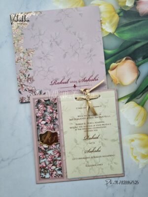Semi Box Flower Hindu Muslim Christian Sikh MDF Board Laser Cut pink Colored invitation Cards SK-3123