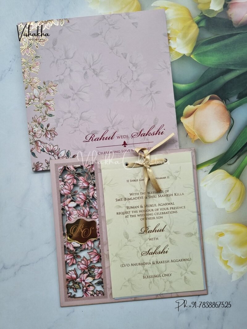 Semi Box Flower Hindu Muslim Christian Sikh MDF Board Laser Cut pink Colored invitation Cards SK-3123