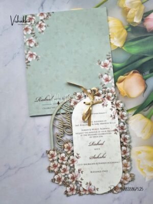 Semi Box Flower Hindu Muslim Christian Sikh Named MDF Laser Cut Vellum Paper light green Colored invitation Cards SK-3484