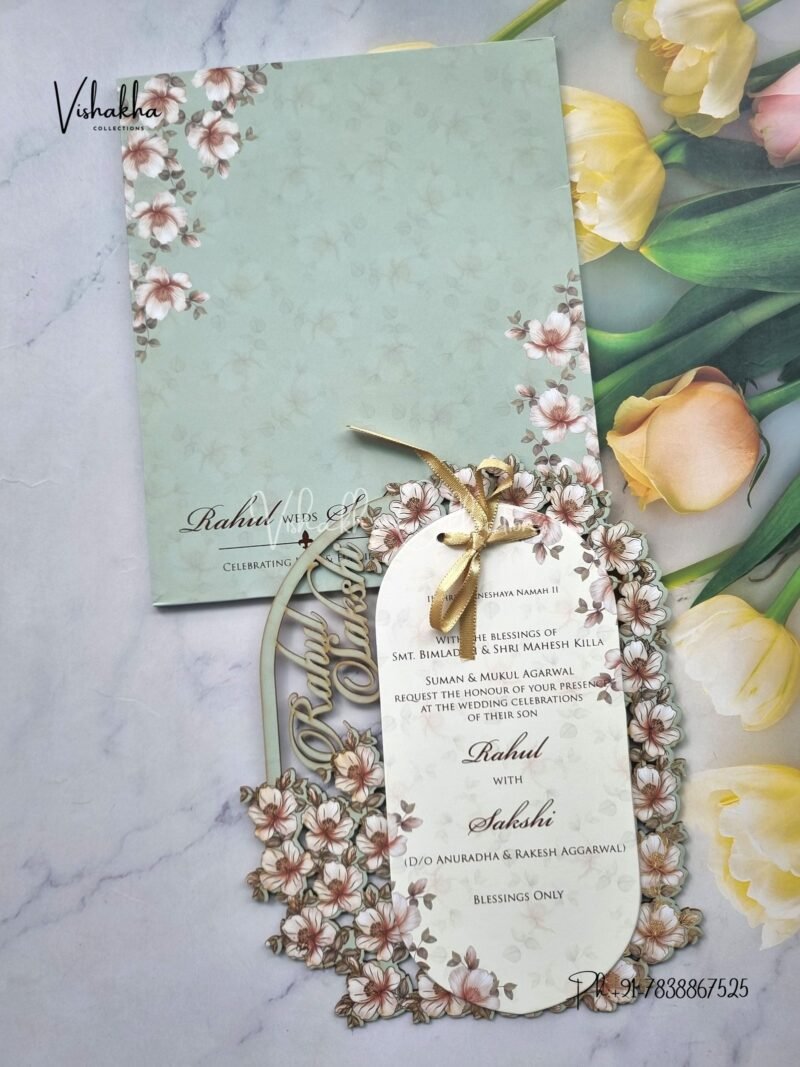 Semi Box Flower Hindu Muslim Christian Sikh Named MDF Laser Cut Vellum Paper light green Colored invitation Cards SK-3484