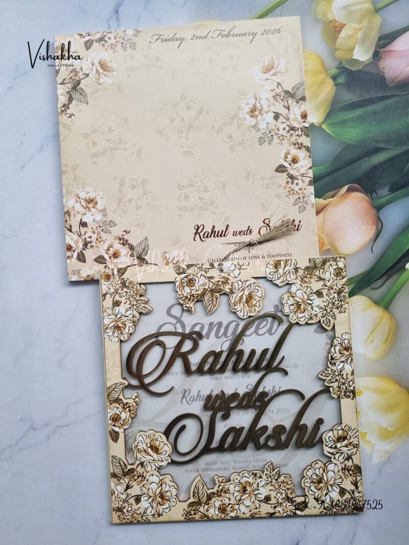 Semi Box Flower Hindu Muslim Christian Sikh Named MDF Laser Cut Vellum Paper muddy Colored invitation Cards SK-3293