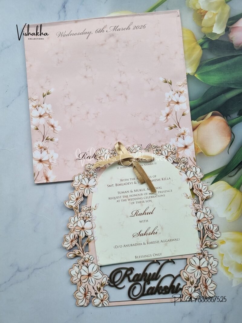 Semi Box Flower Hindu Muslim Christian Sikh Named MDF Laser Cut light pink Colored invitation Cards SK-3359