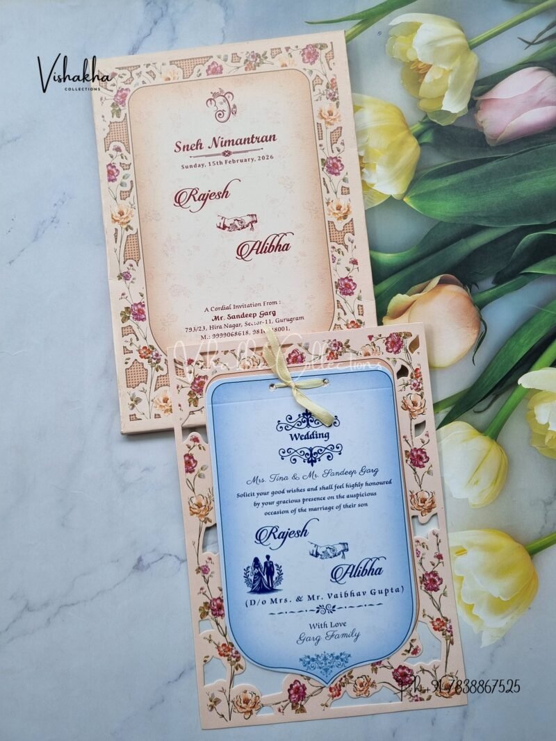 Semi Box Flower Hindu Muslim Christian Jain Sikh Peach Colored wedding invitation Cards NA-1125-55