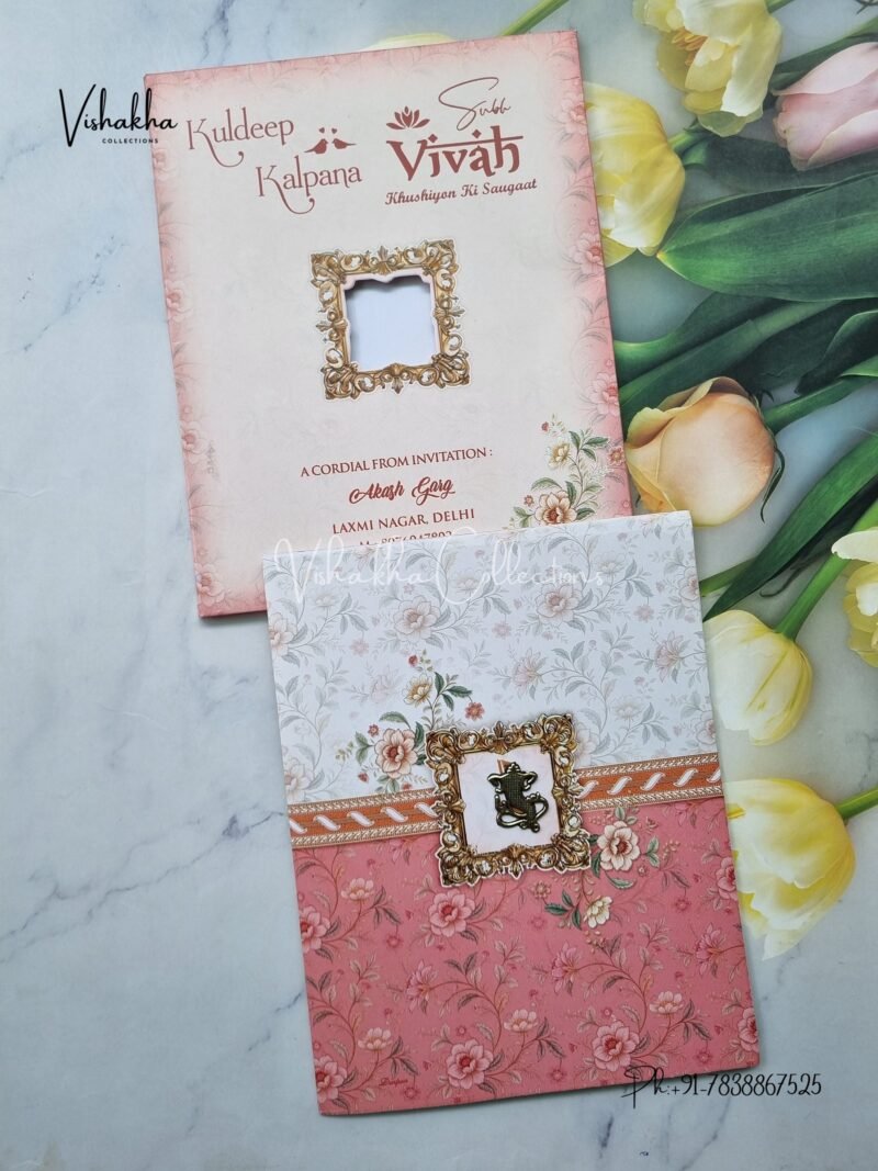 Semi Box Flower Hindu Muslim Christian Jain Sikh Pink And White Colored wedding invitation Cards NA-1125-133