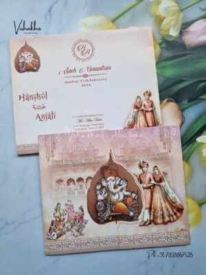 Semi Box Ganesh Ji Dulah Dulhan Double Door Hindu Peach Pink Colored wedding invitation Cards NA-1125-24