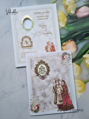 Semi Box Ganesh Ji Dulah Dulhan Flower Hindu Cream Colored wedding invitation Cards NA-1125-142