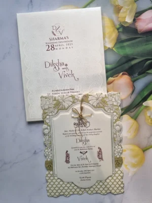 Semi Box Ganesh Ji Dulah Dulhan Flower Hindu Light Brown Colored wedding invitation Cards GS-140