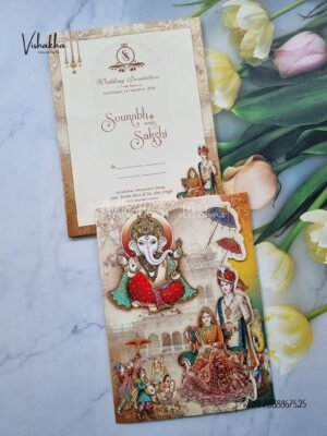 Semi Box Ganesh Ji Dulah Dulhan Hindu Light Yellow Colored wedding invitation Cards NA-1125-67