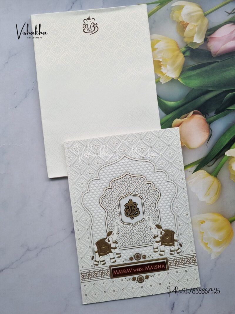 Semi Box Hathi Ganesh Ji Hindu white and gold Colored invitation Cards SK-3500
