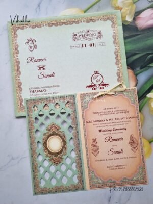 Semi Box Hindu Muslim Christian Jain Sikh Pista Green Colored wedding invitation Cards NA-1125-174